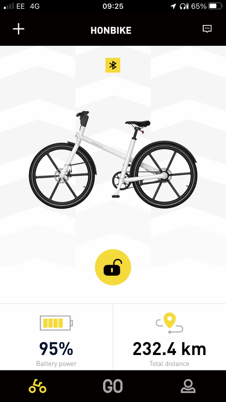 Screenshot of Honbike app. Showing unlock symbol, 95% battery power and total distance 232.4km