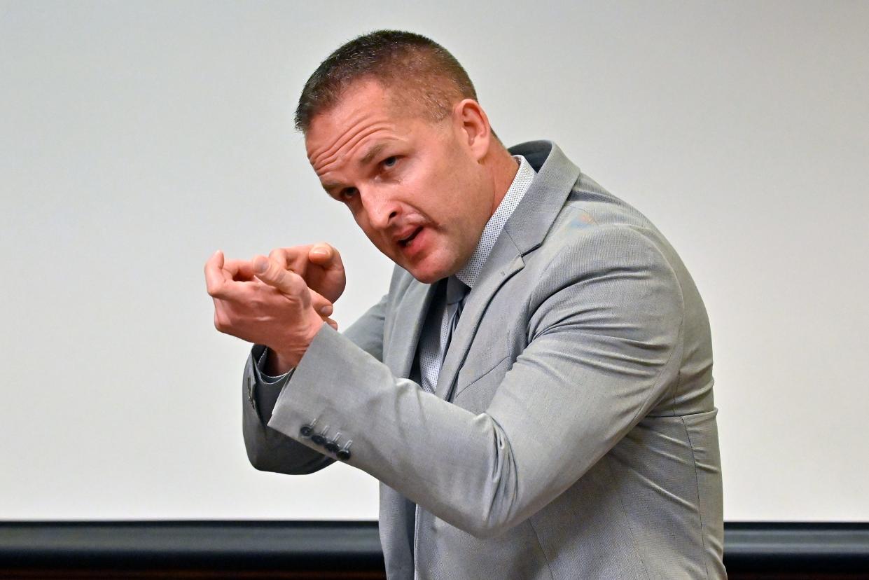 Former Louisville Police officer Brett Hankison describes what he saw in the apartment of Breonna Taylor during testimony Wednesday, March 2, 2022, in Louisville in his state trial. Hankison is currently on federal trial, charged with using excessive force by firing blindly into Taylor’s apartment on March 13, 2020, through a sliding glass door and a window covered by curtains. (AP Photo/Timothy D. Easley, Pool)
(Credit: Timothy D. Easley, AP)