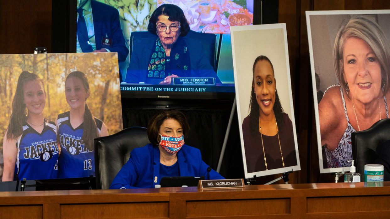 United States Senator Dianne Feinstein (D-CA) and United States Senator Amy Klobuchar (D-MN) are seen during the Supreme Court nomination of Judge Amy Coney Barrett before the Senate Judiciary Committee on Capitol Hill in Washington, DC October 12, 2020. (Demetrius Freeman/AFP via Getty Images)