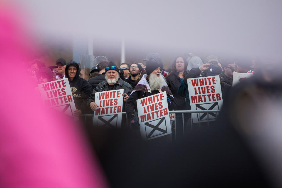 <p>“White Lives Matter” protestors demonstrate during a rally on Oct. 28, 2017 in Shelbyville, Tenn. (Photo: Joe Buglewicz/Getty Images) </p>