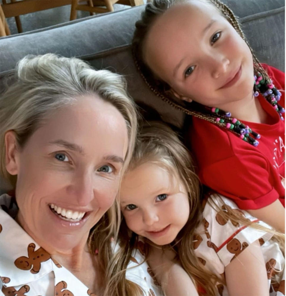 Fifi Box with her daughters Daisy and Trixie in matching PJs