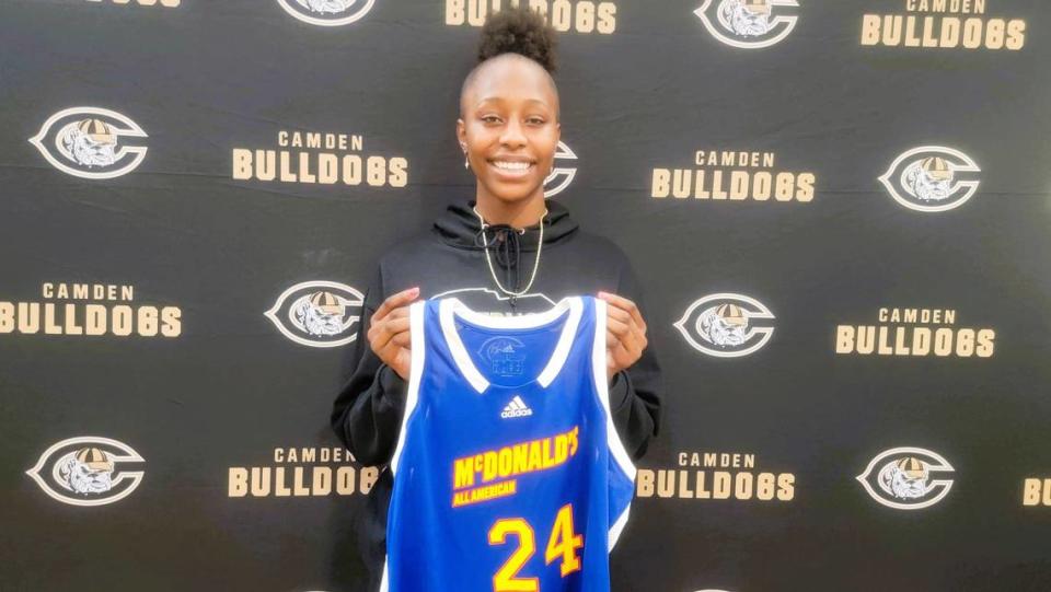 Camden High’s Joyce Edwards receives her jersey for being named to McDonald’s All-American game. Lou Bezjak/The State