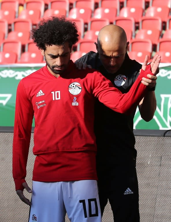 Egypt forward Mohamed Salah (L) takes part in a training session at the Akhmat Arena stadium in Grozny on June 12, 2018, ahead of the Russia 2018 World Cup