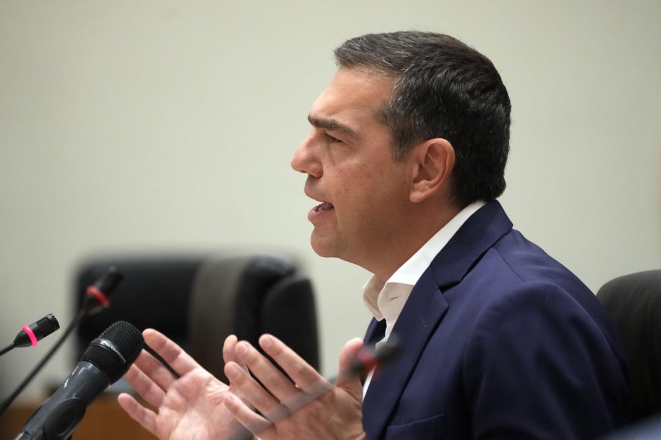 Opposition leader Alexis Tsipras, head of the left-wing Syriza party speaks at Zappeio Conference Hall in Athens, Greece, Thursday, June 29, 2023. Tsipras has announced his decision to step down after a crushing election defeat. The 48 year-old politician served as Greece's prime minister from 2015 to 2019 during politically tumultuous years as the country struggled to remain in the euro zone and end a series of international bailouts. (AP Photo/Petros Giannakouris)