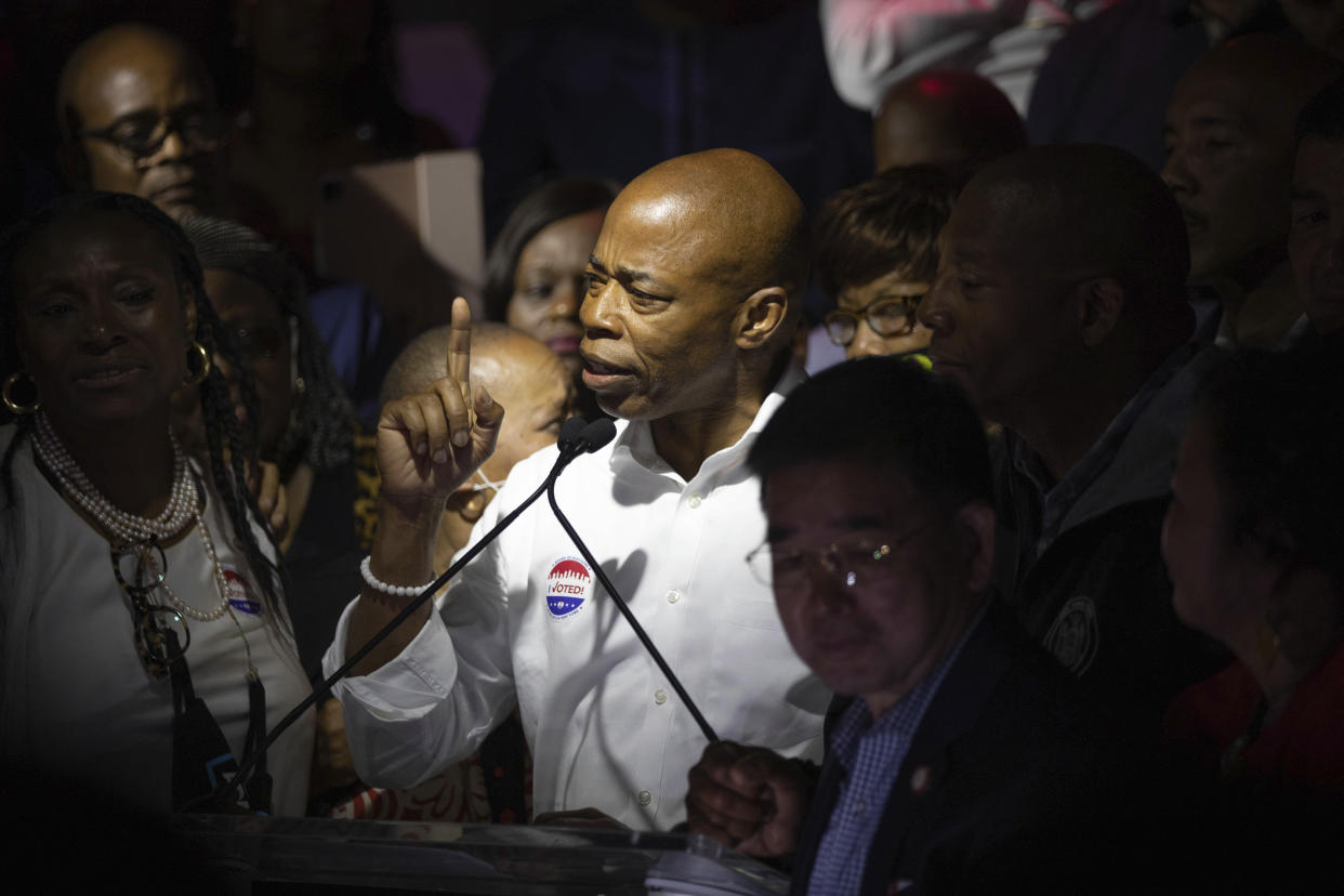 Mayoral Candidate Eric Adams speaks at his election party Tuesday, June 22, 2021, in New York. New York City elections officials plan to release a potentially decisive update Tuesday on the Democratic mayoral primary, two weeks after polls closed and a week after a tallying flub marred the debut of ranked choice voting in the race for the nation's most prominent municipal job. (AP Photo/Kevin Hagen).