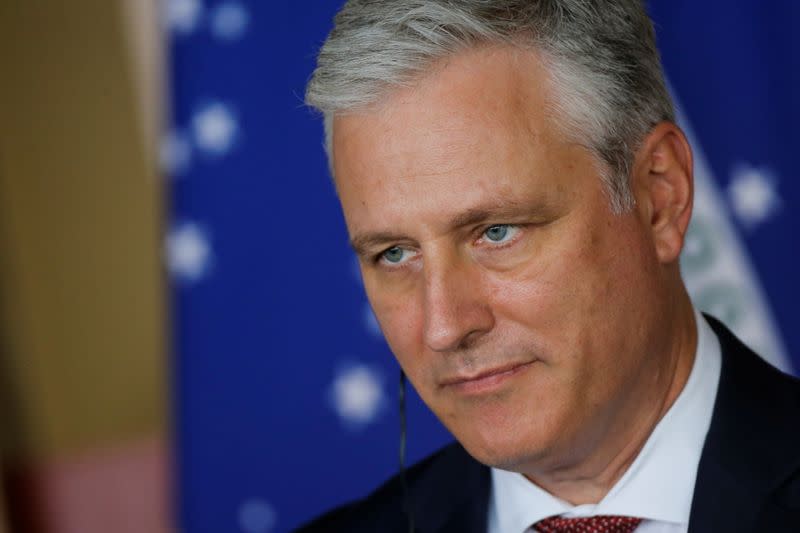 U.S. National Security Advisor Robert O'Brien looks on during a statement to the media at the Itamaraty Palace in Brasilia