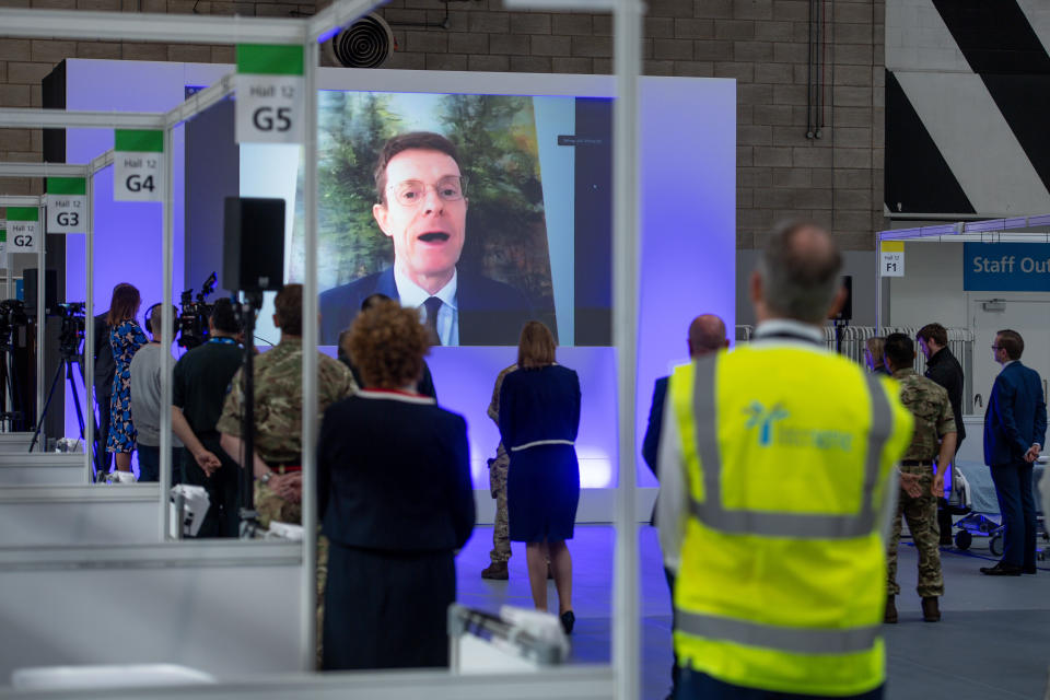 EMBARGOED TO 1330 Thursday April 16, 2020. West Midlands Mayor Andy Street speaks via videolink at the opening of the NHS Nightingale Hospital Birmingham, in the National Exhibition Centre (NEC).