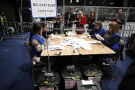 Election staff begin vote counting in Belfast in the Northern Ireland Assembly election early Friday in Belfast, Northern Ireland, Friday, May 6, 2022. In Northern Ireland, voters are electing a new 90-seat Assembly, with polls suggesting the Irish nationalist party Sinn Fein could win the largest number of seats, and the post of first minister, in what would be a historic first. (AP Photo/Peter Morrison)