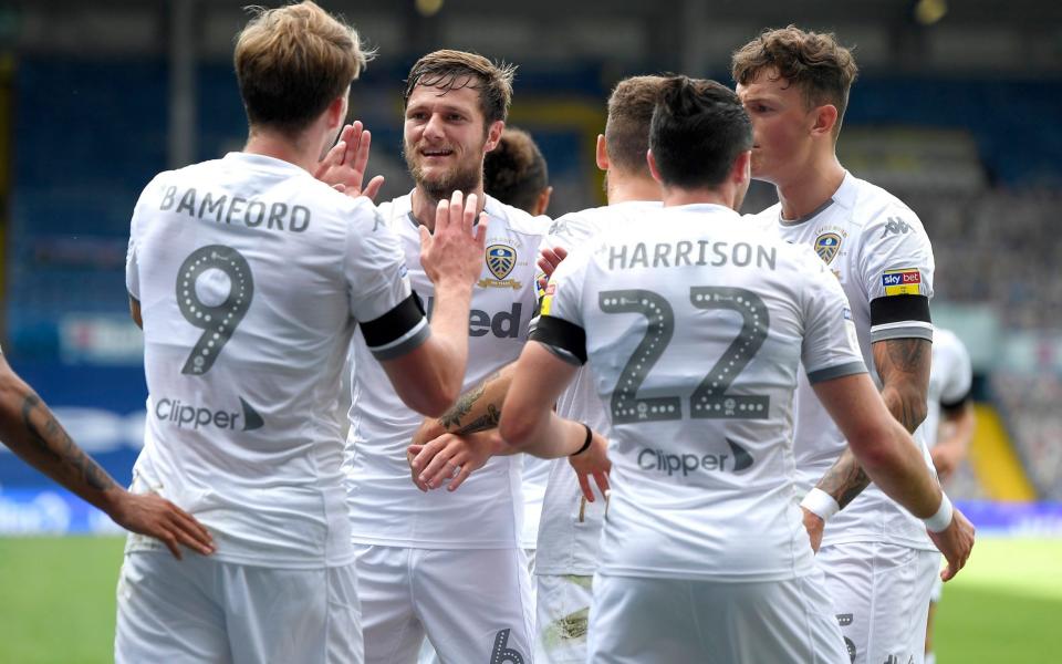 Liam Cooper (centre) has seen first-hand Leeds' transformation under Marcelo Bielsa - George Wood/Getty Images