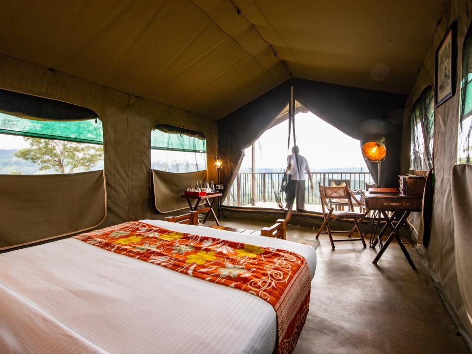 bedroom inside of a luxury camp on the Sri Lankan highlands - stock photo