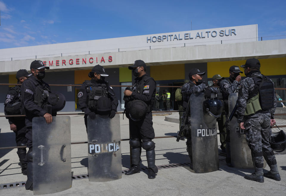 Police guard at the Del Sur Hospital after Luis Fernando Camacho, the opposition governor of Bolivia's most prosperous region, was taken there for tests, in El Alto, Bolivia, Wednesday, Sept. 6, 2023. Camacho was taken to the hospital after his health deteriorated during pre-trial detention in a prison where he has been serving since Dec. 2022 for alleged sedition and terrorism. (AP Photo/Juan Karita)