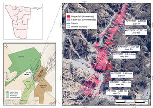 Figure 1: Location of Anomaly 5 trenches and mapped alaskites. The average cps along the trench are recorded with a handheld scintillometer.