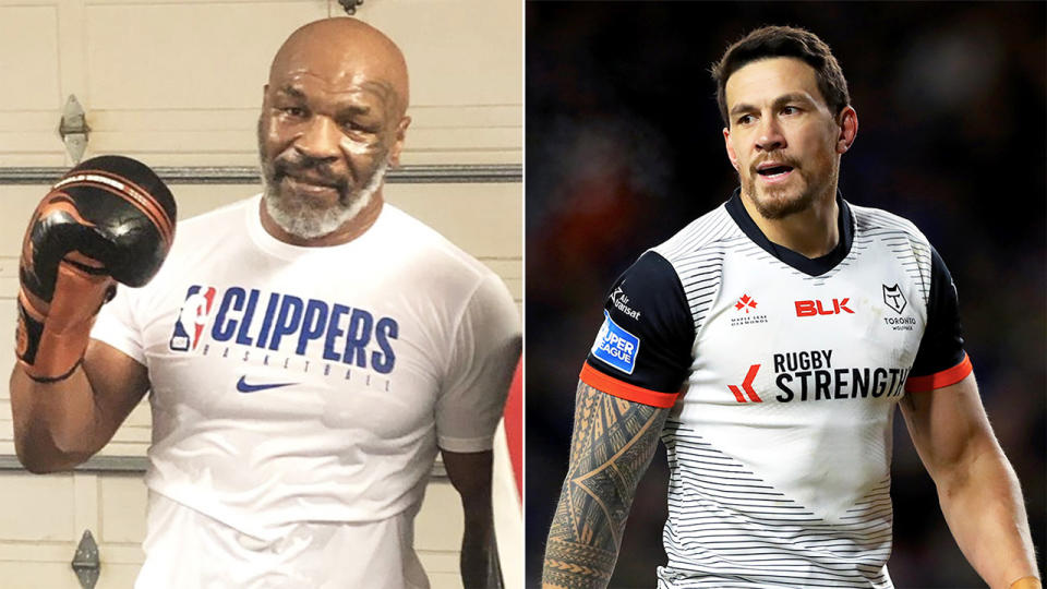 Sonny Bill Williams (pictured right) during a match and Mike Tyson (pictured left) after training.