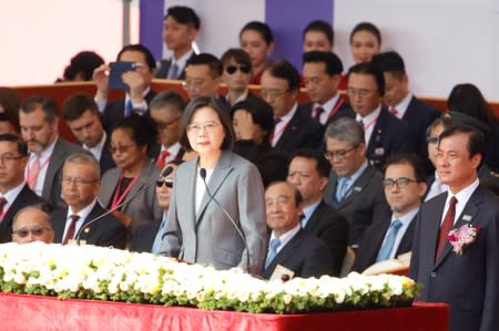 Taiwan's President Tsai Ing-wen gives a speech during Taiwan's National Day in Taipei