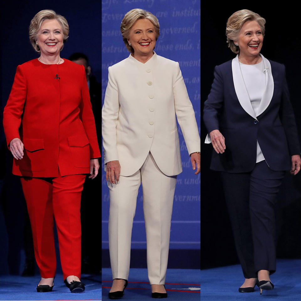 <p>You might have noticed that Hillary went all-American in her choice of colors for the debates. She wore red to the first debate, blue for the second and white at the last to bring the trifecta full circle. (It really doesn't get more patriotic than that.) Oh, and now that we're done discussing her wardrobe decisions, we'd very much like to return to the conversation about Hillary's stances on <a rel="nofollow noopener" href="http://thezoereport.com/entertainment/culture/election-2016-candidates-stand-key-issues/" target="_blank" data-ylk="slk:important issues;elm:context_link;itc:0;sec:content-canvas" class="link ">important issues</a>, thank you.</p> <h4>Getty Images</h4> <ul> <strong>Related Articles</strong> <li><a rel="nofollow noopener" href="http://thezoereport.com/fashion/style-tips/box-of-style-ways-to-wear-cape-trend/?utm_source=yahoo&utm_medium=syndication" target="_blank" data-ylk="slk:The Key Styling Piece Your Wardrobe Needs;elm:context_link;itc:0;sec:content-canvas" class="link ">The Key Styling Piece Your Wardrobe Needs</a></li><li><a rel="nofollow noopener" href="http://thezoereport.com/fashion/celebrity-style/carine-roitfeld-uniqlo-fall-2016/?utm_source=yahoo&utm_medium=syndication" target="_blank" data-ylk="slk:Carine Roitfeld's Latest Uniqlo Collab Has Arrived, And It's Very Chic;elm:context_link;itc:0;sec:content-canvas" class="link ">Carine Roitfeld's Latest Uniqlo Collab Has Arrived, And It's Very Chic</a></li><li><a rel="nofollow noopener" href="http://thezoereport.com/entertainment/celebrities/gigi-hadid-victorias-secret-fashion-show-2016/?utm_source=yahoo&utm_medium=syndication" target="_blank" data-ylk="slk:Gigi Hadid Has An Exciting Fashion Announcement To Make;elm:context_link;itc:0;sec:content-canvas" class="link ">Gigi Hadid Has An Exciting Fashion Announcement To Make</a></li></ul>