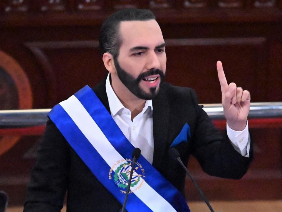 Salvadoran President Nayib Bukele delivers his annual address to the nation marking his second year in office at the Legislative Assembly in San Salvador on 1 June, 2021 (AFP via Getty Images)