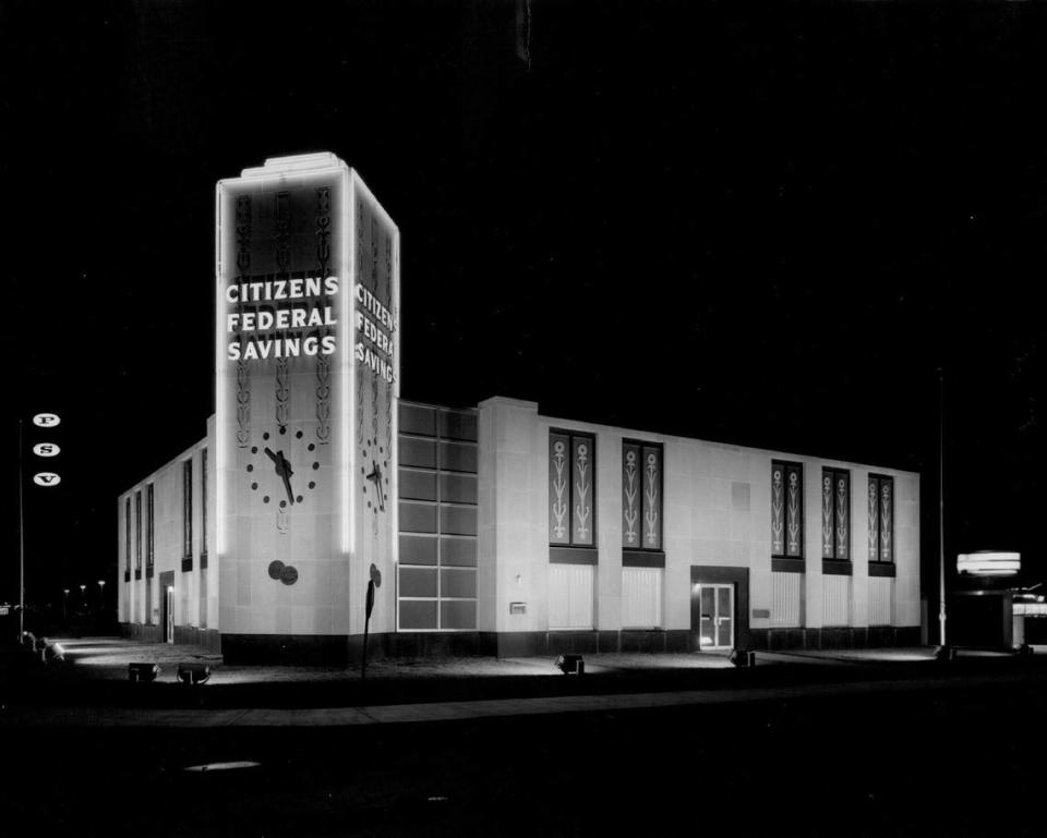 In 1960, a lighting installation at the Palm Springs branch office of the Citizens Federal Savings & Loan Association of Hialeah. The building at Red Road and 49th Street was said to be first building in Miami-Dade County to be illuminated by new-type mercury vapor lights.