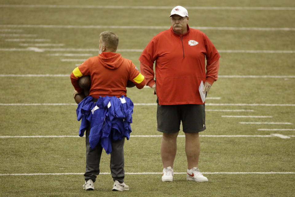 Kansas City Chiefs head coach Andy Reid watches during practice for Sunday's NFL AFC championship football game Thursday, Jan. 16, 2020 in Kansas City, Mo. The Chiefs will face the Tennessee Titans for the opportunity to advance to the Super Bowl. (AP Photo/Charlie Riedel)