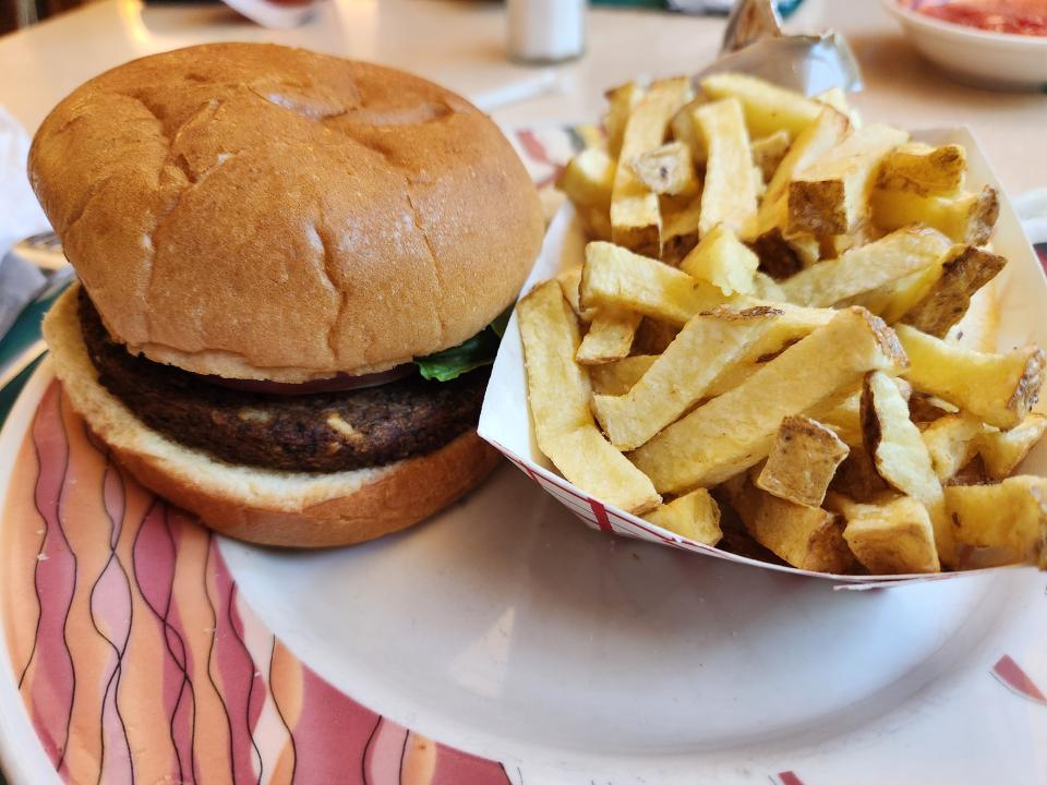 A black bean burger and fries at Knoebels Alamo restaurant.