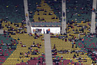 Cameroon fans before the start of the African Cup of Nations 2022 group A soccer match between Cape Verde and Cameron at the Olembe stadium in Yaounde, Cameroon, Monday, Jan. 17, 2022. (AP Photo/Themba Hadebe)