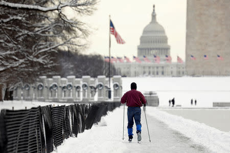 A skier makes his way toward the U.S. Capitol, on Day 24 of the government shutdown in Washington D.C., U.S., January 14, 2019. REUTERS/Kevin Lamarque