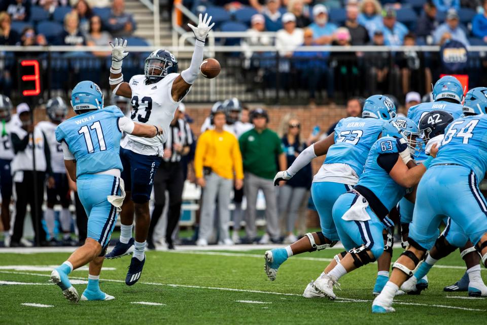 Georgia Southern defensive lineman Da'Shawn Davis (93) attempts to block a pass by Old Dominion quarterback Hayden Wolff (11) during a game in Norfolk, Va., Saturday, Oct. 22, 2022.