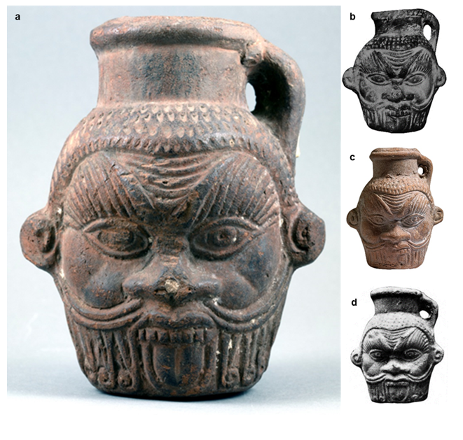 Various vases with images of Bes. <em>Courtesy of: Tampa Museum of Art, Ghalioungui collection, Allard Pierson Museum.</em>