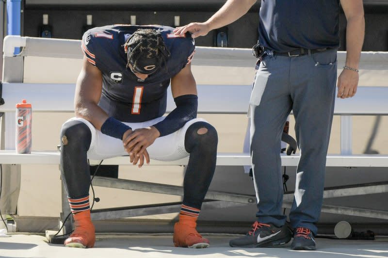 Chicago Bears quarterback Justin Fields dislocated his right thumb in a loss to the Minnesota Vikings on Sunday in Chicago. File Photo by Mark Black/UPI