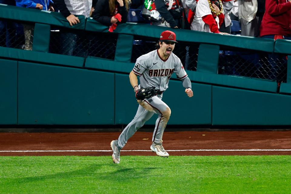 Corbin Carroll #7 of the Arizona Diamondbacks celebrates after making the final out against the Philadelphia Phillies to win Game Seven of the Championship Series at Citizens Bank Park on Oct. 24, 2023, in Philadelphia, Pennsylvania.