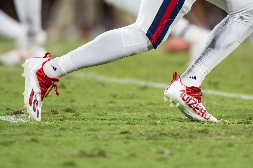 Florida Atlantic wide receiver Tony Johnson plays against Clemson on grass during an NCAA college football game Sept. 16, 2023, in Clemson, S.C. This season there are 94 schools that have artificial-surface football fields and 39 with grass. Of those grass fields, most are at Power Five schools that can afford costly upkeep and maintenance. (AP Photo/Jacob Kupferman)