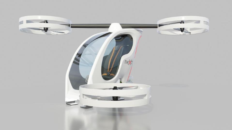 The four rotors are powered by eight electric motors for safety and redundancy, while the designers also hope to have it certified as a Powered Ultralight, so no pilot’s license is necessary. - Credit: Courtesy iFLY/Next