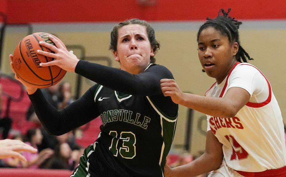 Zionsville Eagles Emma Haan (13) rushes up the court against Fishers Tigers Talia Harris (15) on Tuesday, Nov. 21, 2023, during the game at Fishers High School in Fishers. The Fishers Tigers defeated the Zionsville Eagles, 46-38.