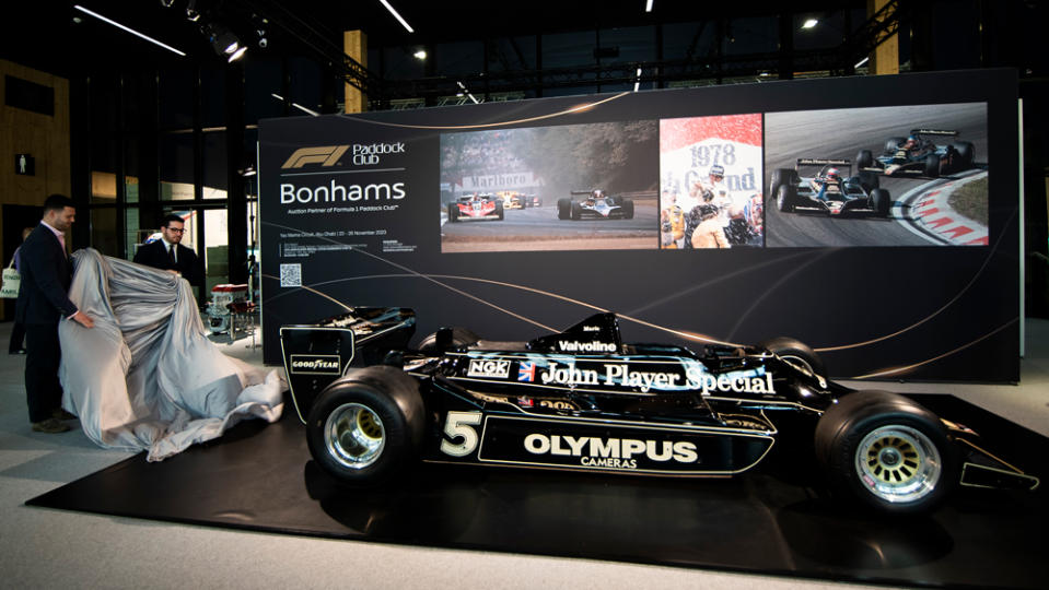 Mario Andretti's 1978 John Player Special Lotus-Cosworth Type 79 race car is unveiled at a presentation by Bonhams on January 31, 2023. 