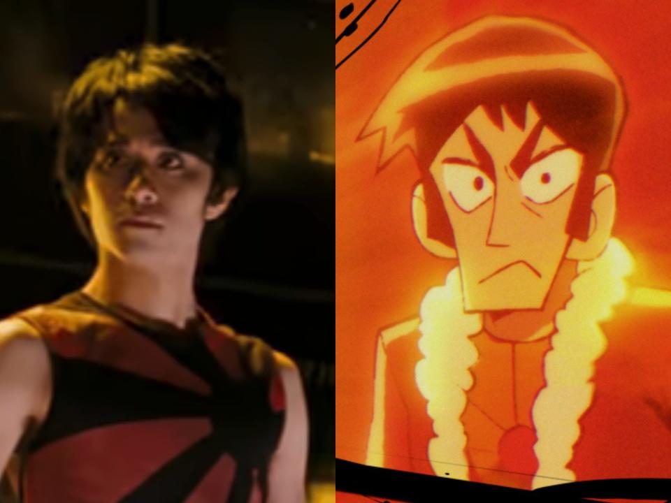 left: shota saito as katayanagi ken in the scott pilgrim movie; right; ken in the movie, scowling