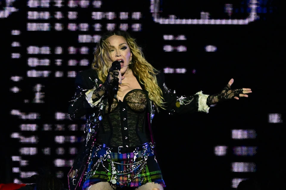 TOPSHOT - US pop star Madonna performs onstage during a free concert at Copacabana beach in Rio de Janeiro, Brazil, on May 4, 2024. . Madonna ended her "The Celebration Tour" with a performance attended by some 1.5 million enthusiastic fans. (Photo by Pablo PORCIUNCULA / AFP) (Photo by PABLO PORCIUNCULA/AFP via Getty Images)