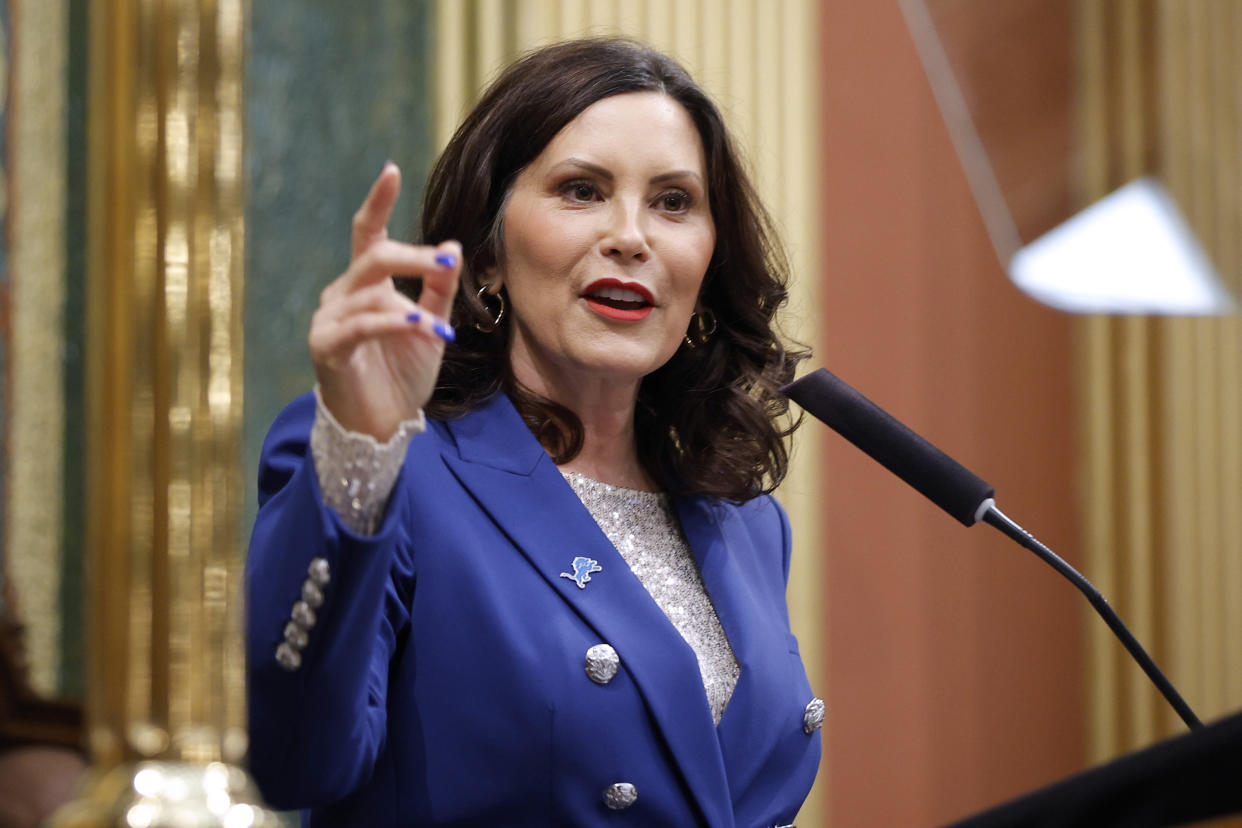 FILE - Michigan Gov. Gretchen Whitmer delivers her State of the State address, Jan. 24, 2024, at the state Capitol in Lansing, Mich. (AP Photo/Al Goldis, File)