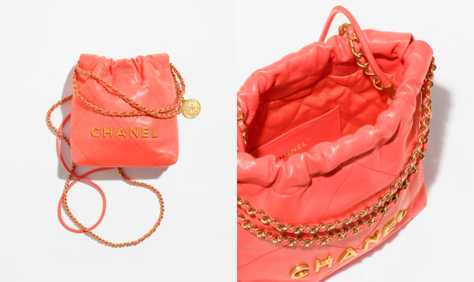 糖果色精品包6：CHANEL 珊瑚紅22迷你肩背包，NT$ 169,900！圖片來源：Chanel