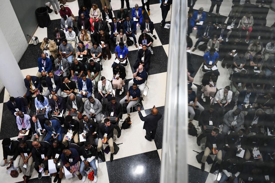 Attendees watch on in a breakout session during the 7th-annual Clemson University Men of Color National Summit at the Greenville Convention Center on Thursday, April 11, 2024. The summit will be held April 11-12 where 2,000 attendees from 23 states will attend seminars on career and life opportunities.