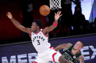 Toronto Raptors' OG Anunoby (3) is fouled by Boston Celtics' Daniel Theis during the second half of an NBA conference semifinal playoff basketball game Friday, Sept. 11, 2020, in Lake Buena Vista, Fla. (AP Photo/Mark J. Terrill)