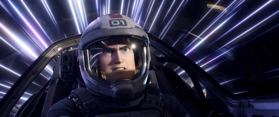 This image released by Disney/Pixar shows character Buzz Lightyear, voiced by Chris Evans, in a scene from the animated film "Lightyear," releasing June 17. (Disney/Pixar via AP)