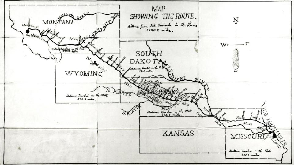 <em>Lieutenant Moss's original map, tracing the Corps' 1900-mile cycling route from Fort Missoula, MT, to St. Louis, MO.</em><p>Courtesy of National Archives and Historical Museum at Fort Missoula</p>