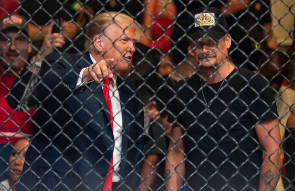 Former President Donald Trump and Kid Rock attend UFC 287 at the Kaseya Center on Saturday, April 8, 2023, in downtown Miami, Fla.