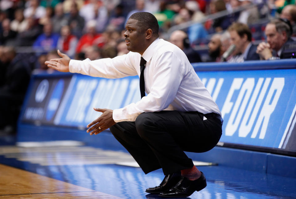 Head coach LeVelle Moton of the North Carolina Central Eagles reacts in the first half against the Texas Southern Tigers during the First Four of the 2018 NCAA Men's Basketball Tournament at UD Arena on March 14, 2018 in Dayton, Ohio.