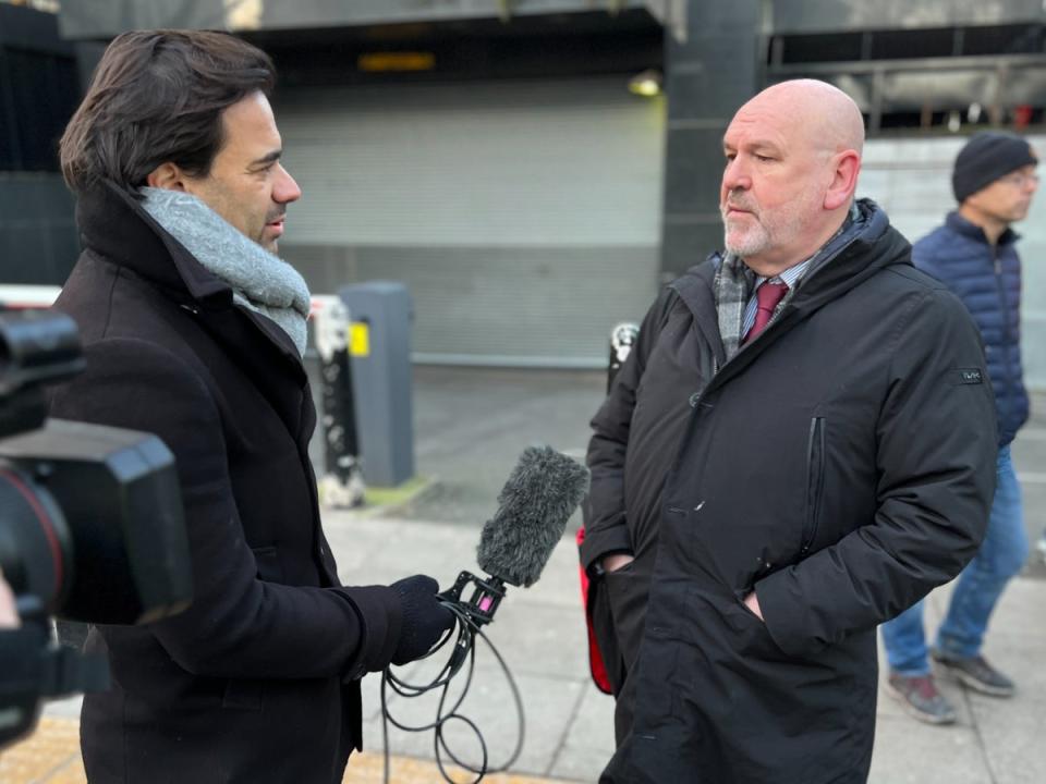 All out: Mick Whelan, general secretary of the train drivers’ union, Aslef, being interviewed outside London Euston station on a previous strike day (Simon Calder)