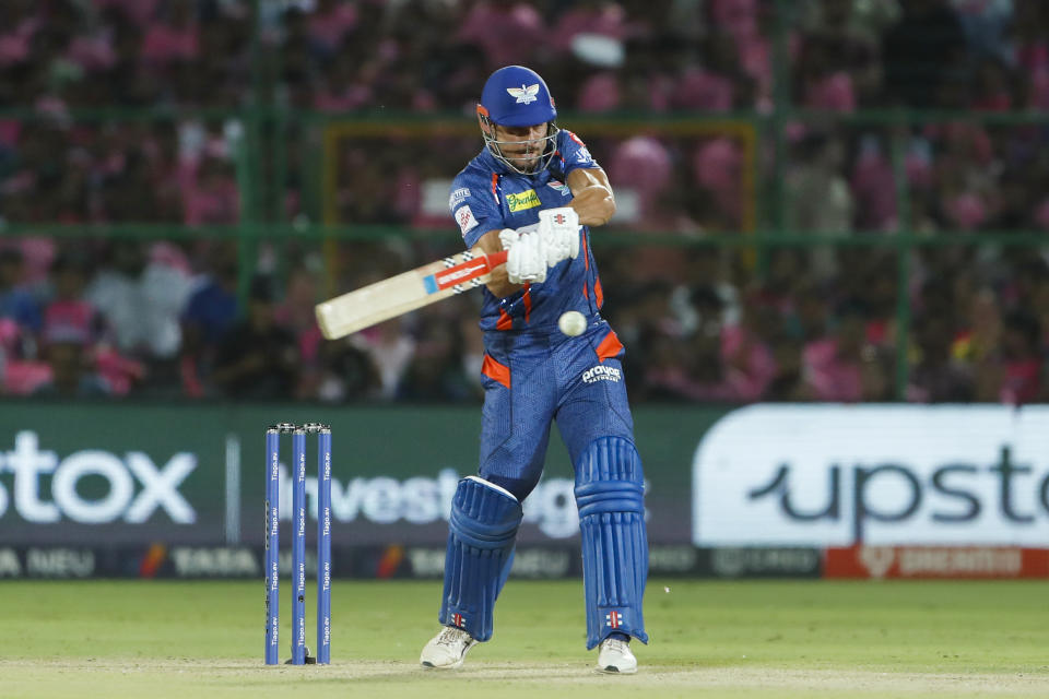 Lucknow Super Giants' Marcus Stoinis bats during the Indian Premier League cricket match between Lucknow Super Giants and Rajasthan Royals in Jaipur, India, Wednesday, April 19, 2023. (AP Photo Surjeet Yadav )