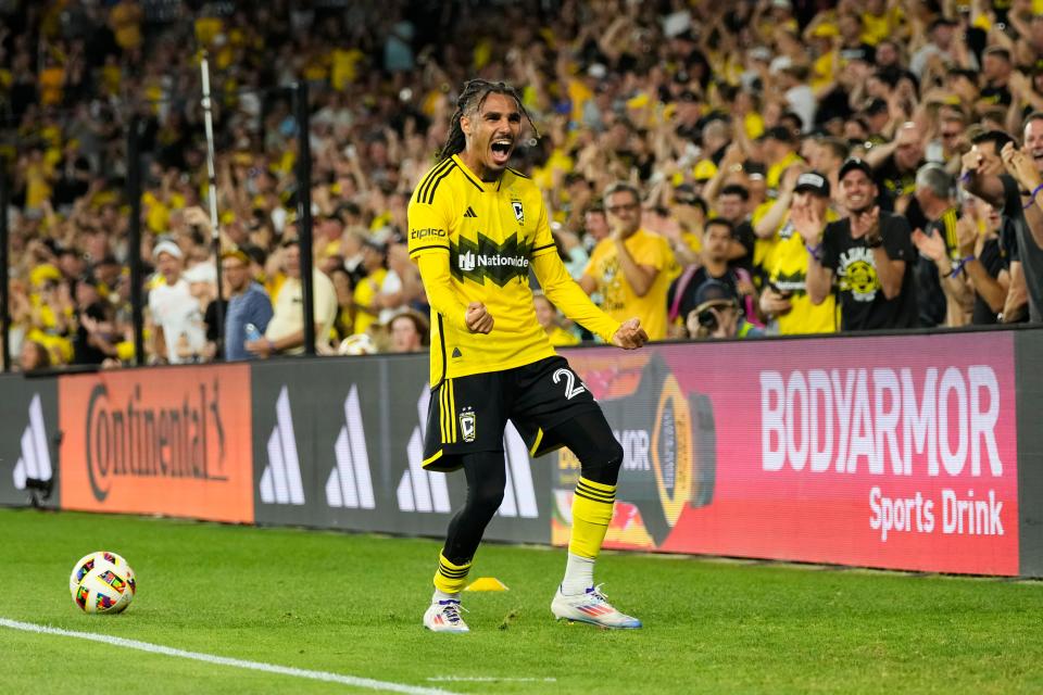 Jul 6, 2024; Columbus, OH, USA; Columbus Crew defender Mohamed Farsi (23) celebrates scoring a goal during the second half of the MLS soccer match against Toronto FC at Lower.com Field. The Crew won 4-0.