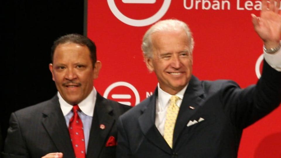 In this 2009 photo, National Urban League President Marc H. Morial and Vice President Joe R. Biden are shown at the National Urban League Conference in Chicago. (Photo by Tasos Katopodis/Getty Images for National Urban League)