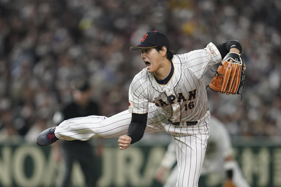 Japane&#39;s starting pitcher Shohei Ohtani gestures during the first inning of the quarterfinal game between Italy and Japan at the World Baseball Classic (WBC) at Tokyo Dome in Tokyo, Japan, Thursday, March 16, 2023. (AP Photo/Toru Hanai)