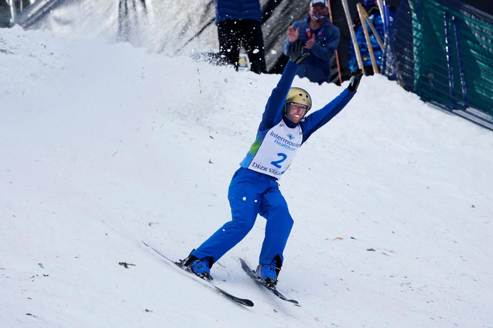 Winter Vinecki reacts while competing in the World Cup women's freestyle aerials skiing event, Saturday, Feb. 6, 2021, in Deer Valley, Utah.