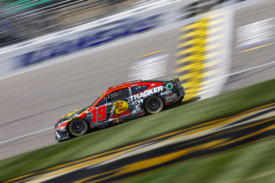 KANSAS CITY, KANSAS - SEPTEMBER 09: Martin Truex Jr., driver of the #19 Bass Pros Shops Toyota, drives during qualifying for the NASCAR Cup Series Hollywood Casino 400 at Kansas Speedway on September 09, 2023 in Kansas City, Kansas. (Photo by Sean Gardner/Getty Images)